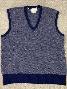 Vintage Paul Stuart Lambswool Vest Sweater Men's XL Blue Birdseye Made Scotland